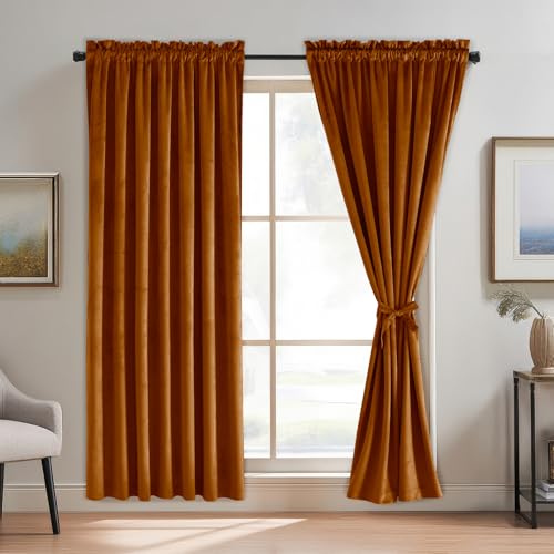 JIUZHEN Terracotta Red Velvet Blackout Curtains for Bedroom 72 inches Thermal Insulated Room Darkening Rod Pocket Drapes for Living Room/Office/Party, Set of 2, 52W x 72L