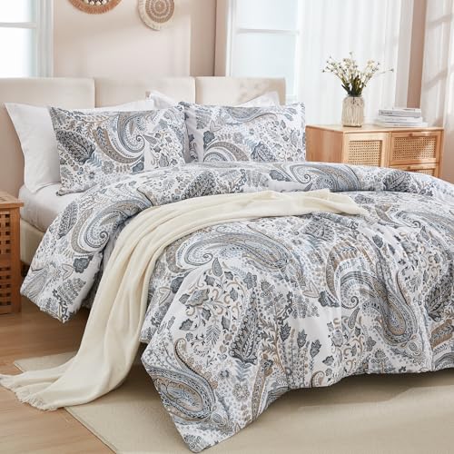 Cozaline Grey Blue Paisley Comforter Set King Size 3 Pieces 100% Cotton Boho Paisley Pattern Bedding Set All Season Soft Cotton Lightweight Reversible Comforter
