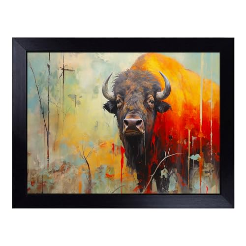 Lap Tray with Bean Bag Cushion, Bison Buffalo Gestural - Handmade in the UK, Raised Wooden Edge, Padded Cushion, Heat-Resistant Wipe-Clean Surface, for Meals, Laptops and Crafts