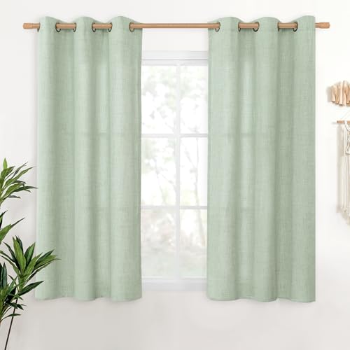 YoungsTex Sage Green Linen Curtains 48 Inch Length for Living Room Window, Short Drapes Light Filtering with Bronze Grommet Privacy for Kitchen Bedroom, 42 x 48 Inch, 2 Panels