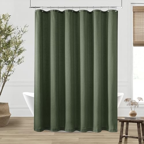DUKIYO Olive Green Extra Long Linen 84 Inch Shower Curtain Bath Shower Curtain Set 84 Inch Long with Hooks XLong Tall Farmhouse Country Dark Green Boho Drapes for Bathroom, 72x84 Drapes
