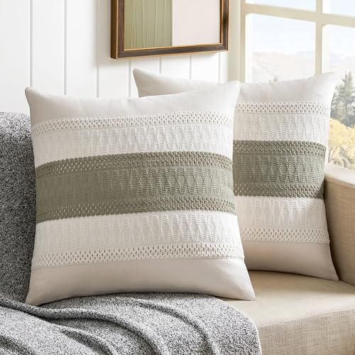 ZeeMart 2 Pack Boho Throw Pillow Covers, Contrast Dark Sage 24x24in - Soft Breathable Cotton, Farmhouse Decorative Couch Pillow Cases, Cushion Covers for Sofa Bed Living Room Home Decor