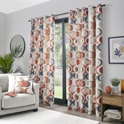 Fusion Spice Orange Retro Circle Curtains W229 x L183cm – 2 Panels – 100% Cotton Eyelet – Terracotta Geometric Drapes – Mid-Century Bedroom/Living Room Curtains – Crescent Print