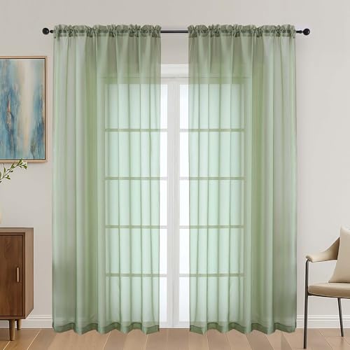 OVZME Sage Green Sheer Curtains 72 Inches Long 2 Panels Set, Light Filtering Sheer Curtains for Living Room Bedroom 59 Inch Extra Wide, Modern Voile Filmy Rod Pocket Window Drapes, 59Wx72L Inches