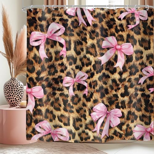 Cheetah Print Shower Curtain Set 72x72 Bathroom Decor Pink Bow Black - Cute Coquette Girl Modern Lovely Groovy Stylish Trendy Funky Bathroom Curtain Set Waterproof Polyester Fabric with Hooks