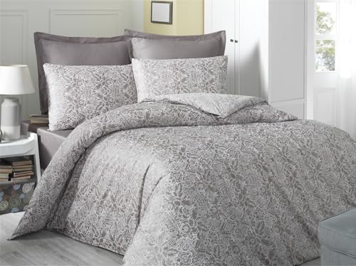 Nuit Des Rêves Luxurious Satin Double Quilt Cover Set (200 x 200 cm), Brown & White, 100% Cotton, 2 Pillowcases (80 x 80 cm), Machine Washable at 40°C, 210 Thread Count