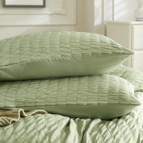 JELLYMONI Light Green Seersucker Pillowcases King Size - Soft Comfortable,Breathable,Wrinkle-Free,Resists Pet Hair,Envelope Closure,Oeko-Tex Certified,Machine Washable,2 Pieces