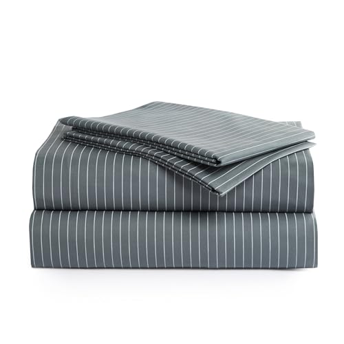 Peru Pima 415 Thread Count Percal Twin Sheet Set - 100% Peruvian Pima Cotton, 3 Piece (Flat, Fitted, 1 Pillowcase) - Cooling, Crisp, Deep Pocket, Hotel Quality Bedding - Pinstripe Grey