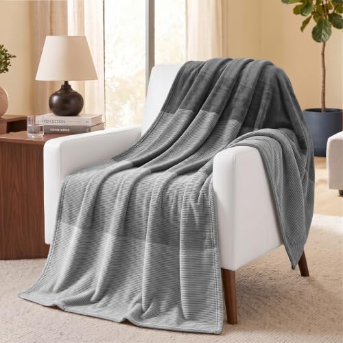PAVILIA Grey Ombre Fleece Blanket for Couch, Soft Flannel Blanket for Couch Bed and Bedroom - Light Grey Gradient Plush Blanket - Cozy Microfiber - Gift Throw