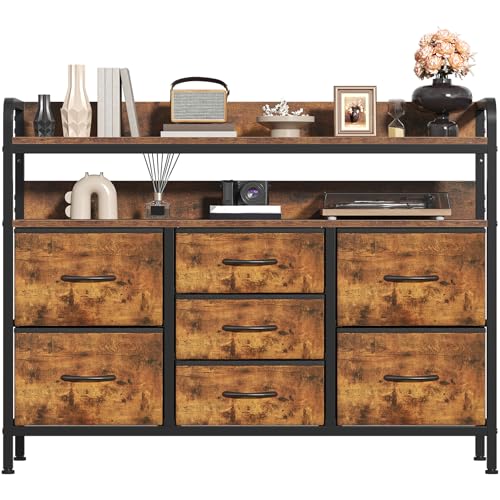 Feonase 7-Drawer Fabric Chest Of Drawers for Bedroom - 4 Large and 3 Small Drawers with Handles, Storage Organizer with Open Shelf & Sturdy Metal Frame, Ideal for Living Room/Entryway (Rustic Brown)