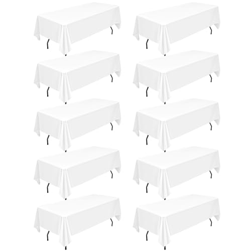 10 Packs White Polyester Tablecloth 60 x 126 inch Rectangle Table Cloth for 8 Foot Tables Wrinkle Resistant Washable Fabric Table Cover Polyester White Table Cloth for Party,Wedding, Banquet