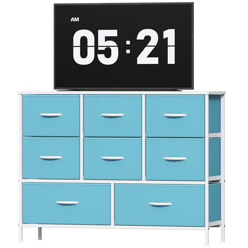 Feonase Chest of Drawers, Bedroom Dresser with 8 Fabric Drawers, Metal Frame & MDF Wood Top, Adjustable Feet, Storage Organizer Unit for Bedroom, Closet, Living Room, Hallway, Blue