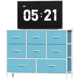 Feonase Chest of Drawers, Bedroom Dresser with 8 Fabric Drawers, Metal Frame & MDF Wood Top, Adjustable Feet, Storage Organizer Unit for Bedroom, Closet, Living Room, Hallway, Blue
