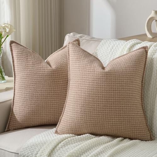 FUTEI Camel Decorative Throw Pillow Covers 18x18 Inch Set of 2,Soft Houndstooth Textured Cushion Case,Modern Home Decor for Couch Bed Living Room
