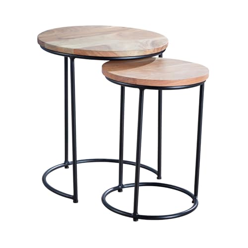Home Source Acacia Wood Nest 2 Round Tables, Black Metal Frame