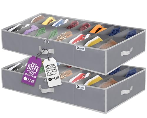 Under Bed Shoe Storage Organizer - Set of 2 ??? TEAR-RESISTANT Heavy Duty 600D Material - Shoe Organizer Under Bed - Fits Men's and Women's Shoes, High Heels, and Sneakers - Up to 32 Pairs, Grey