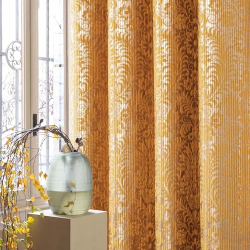 always4u 100% Blackout Damask Foil Print Yellow and Gold Ridged Velvet Curtains 108 Inches Long Drapes 2 Panels Shiny Metallic Window 54 * 108 Inches