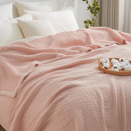 "PHF Reversible Waffle & Muslin Blanket 100% Cotton 400GSM King Size 104"" x 90"", Breathable Lightweight and Soft, Luxury Aesthetic Waffle Gauze Blanket for Home Decor, Rose Smoke"