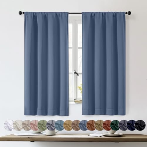 OWENIE Sally Denim Short Blackout Curtains for Bedroom Living Room 54 Inch Length 2 Panels Set, Solid Thermal Insulated, Energy Saving Window Treatment Curtains Blackout Drapes, W40 x L54, Denim