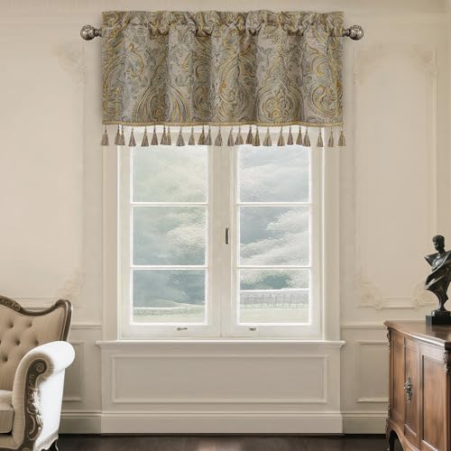 Loom and Mill European Jacquard Valances for Living Room Window, Antique Luxury Style Window Curtain Valance with Tassel Trim, Rod Pocket Blackout Short Curtain 1 Panel for Bedroom Kitchen, 54??? x 18???