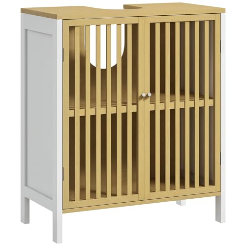 HOMCOM Under Sink Bathroom Cabinet Bamboo U-Shape Slot Natural and White