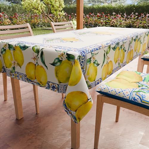 PETTI Artigiani Italiani - Stain Resistant Tablecloth Rectangular 140x360 cm 18 Seats, Wipe Clean Microfibre Kitchen Table Cover, Vietri Design Lemons and Majolica, 100% Made in Italy