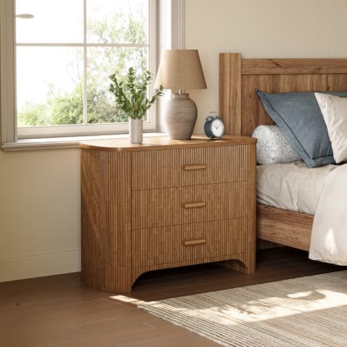 LITTLE TREE Large Wide Nightstand with 3 Drawers, Mid Century Modern Oversized Bedside Table for Bedroom, Big Night Stand with Fluted Striped Panel & Closed Back, Deep Brown