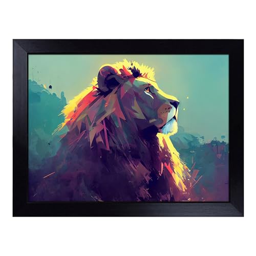 Lap Tray with Bean Bag Cushion, Lion Art Painting Abstract - Handmade in the UK, Raised Wooden Edge, Padded Cushion, Heat-Resistant Wipe-Clean Surface, for Meals, Laptops and Crafts