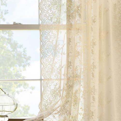 Kotile 96 Inch Beige Lace Curtains 2 Panels Rustic Vine Floral Embroidered Scalloped Edges Vintage Lace Curtains 96 Inches Long for Living Room, Rod Pocket Privacy Window Lace Curtain 8 FT, 52x96 in