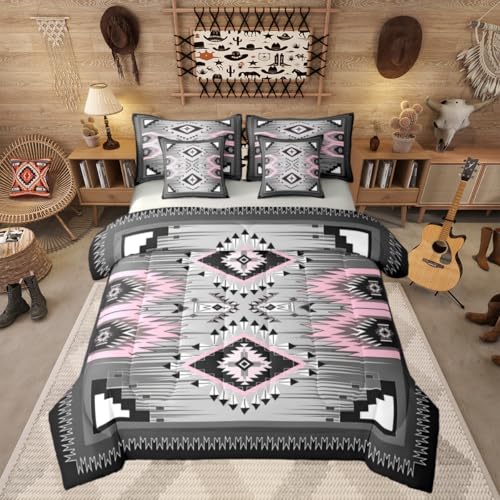 Grey Aztec Full Bed In A Bag 7 Piece For Teens Rustic Western Comforter Set With Sheet Exotic Southwestern Geometric Bedding Set For Kids Boys Adult Women Native American Navajo Bedding Comforter Sets
