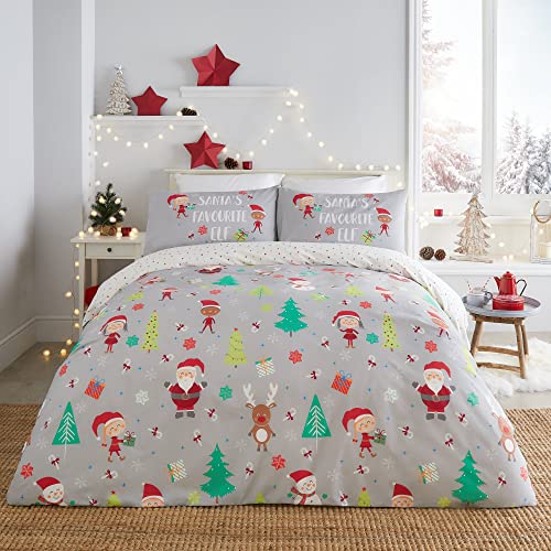 Fusion Santa’s Favourite Elf Helper Duvet Cover Set – King Size (230x220cm) – Reversible Xmas Bedding – 2 Pillowcases – Polka Dot White & Elf Print – Soft Cotton Blend – Festive & Washable
