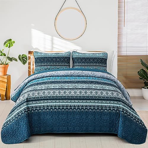 "WONGS BEDDING Boho Quilt Set Full Size, Blue Bohemian Bedding Set, Lightweight Microfiber Bed Decor Bedspread With Pillow Shams for All Season 90""x78"" (3 Pieces)"