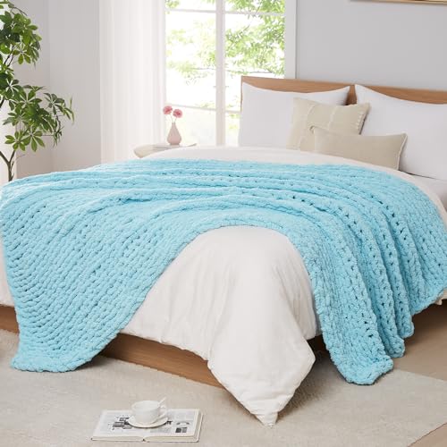 L'AGRATY Chenille Chunky Knit Blanket, Light Blue, 60x80, Heavyweight Throw Blanket for Home Decor