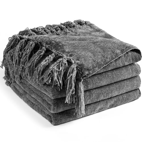 "CREATE Chenille Throw Blanket, 50""X 60"", Soft Cozy with Fringe Tassel, Lightweight Knitted Decorative Farmhouse Boho Throw for Bed, Sofa, Chair, Dark Grey"
