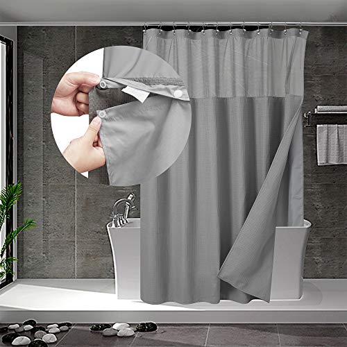"N&Y HOME Long Waffle Weave Shower Curtain with Snap-in Fabric Liner and 12 Hooks Set - 71"" x 78"", Hotel Style & Mesh Top Window, Machine Washable, Water Repellent - 71x78, Gray"