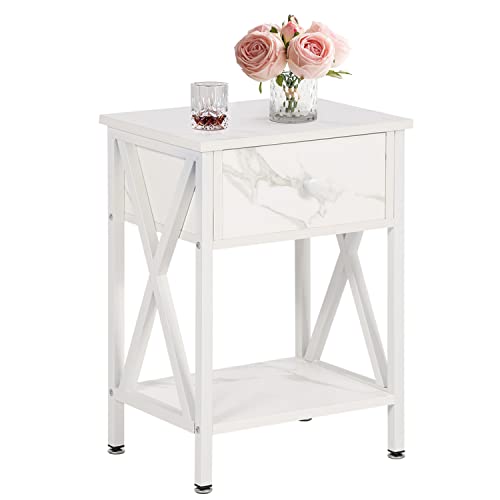 VECELO Bedside Table, Modern Versatile Nightstands X-Design Side End Night Stand Storage Shelf, with Bin Drawer, Home Decoration for Living Room,Bedroom, Lounge, 40cm x 30cm x 55cm