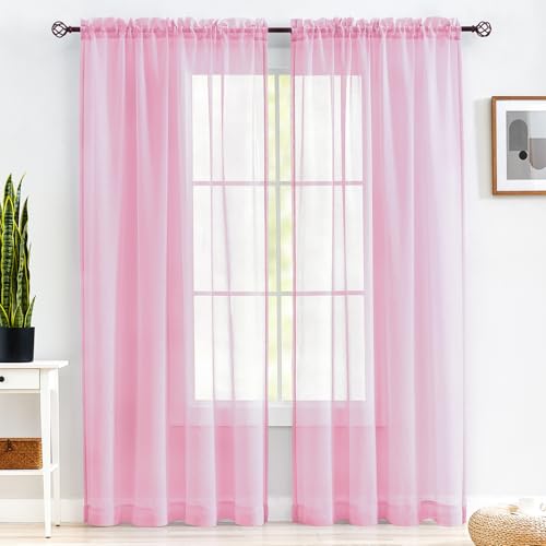 "MYSTIC-HOME Pink Sheer Curtains 84 Inches Long, Rod Pocket Sheer Drapes Bedroom, 2 Panels, Semi Crinkle Voile Window Treatments Parlor, Pink, 52"" Wx84 L"