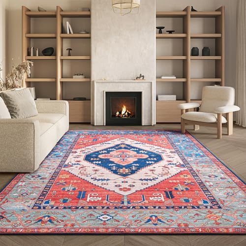 Safavieh Traditional Rug Ideal for High Traffic Areas - Machine Washable and Non Slip - Tucson Collection, Short Pile, in Rust and Blue, 183 X 274 cm