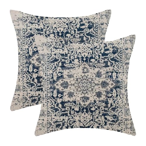 AEIOAE Boho Pillow Covers 18x18 Inch Set of 2,Carpet Pattern Throw Pillows Case,Navy Blue Beige Ethnic Design Outdoor Decorative Square Linen Farmhouse Decor Cushion Covers for Home Sofa Bed Couch
