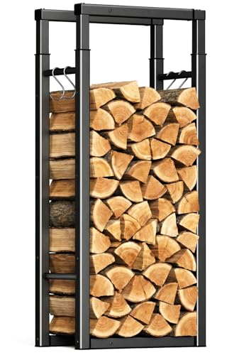 VOUNOT?? Log Store Firewood Storage Rack with 9 Adjustable Size, Metal Wood Holder Heavy Duty Retractable Log Stand for Indoor and Outdoor Firewood Storage, Black