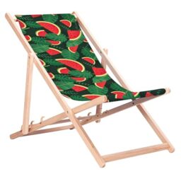 Green Blue GB183 Folding Beech Wood Deck Chair – Garden and Beach Chair with 3-position adjustable backrest and high-resolution sublimation print featuring tropical motives (1, Watermelon)