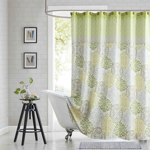 "BESTRIPES 90 Inch Fabric Shower Curtain, Extra Long Green Yellow Grey Boho Medallion Print Shower Curtains for Bathroom, 72"" W x 90"" H"