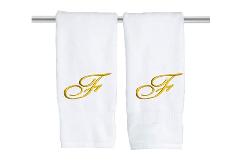 White Monogrammed Hand Towels for Bathroom - Luxury Hotel Quality Personalized Initial Embroidered Towel for Powder Room, Spa - GOTS Organic Certified - Set of 2 Gold Letter F