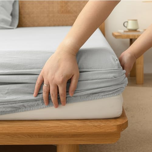 BESTOUCH Queen Fitted Bottom Sheet???Breathable 100% Washed Cotton Linen-Like - 16-19 Inch Deep Pocket Fits Mattress - Fade Resistant Soft Comfy Durable Easy Care