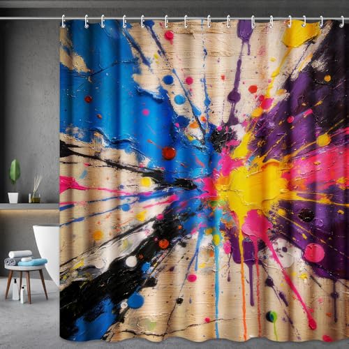 INVIN ART Bathroom Shower Curtain Set with Hooks, Abstract Series Inspired by Jackson Pollock, Home Art Paintings Pictures for Bathroom