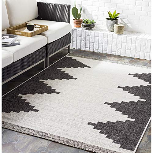 Livabliss Rubal Lagada Geometric Indoor Outdoor Floor Covering 160x230 cm – Boho Pattern for Patio, Deck & Garden, UV & Weather Resistant, Black & Grey