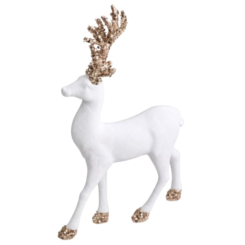 Christmas Velvet Reindeer Figurine 35cm - White Flocking Deer Ornament with Sequin Glitter Antlers - Festive Table Decoration for Mantel, Shelf, Centerpiece and Home DΓ©cor