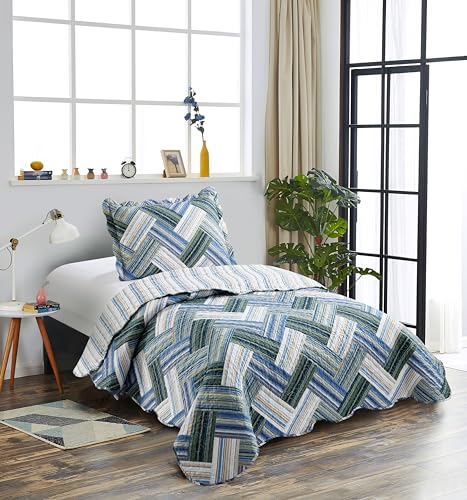 Brilliant Sunshine Teal Herringbone Patchwork Bedding, 2-Piece Quilt Set with 1 Sham, Reversible Bedspread, Soft Lightweight Coverlet, All-Season, Twin, Teal