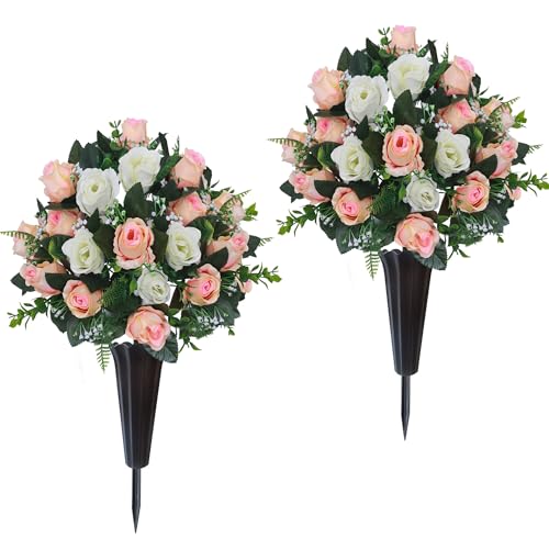 Lodou Set of 2 Artificial Cemetery Flowers, Memorial Flowers Bouquet,Grave Memorial Flowers with Vase for Cemetery Headstones Decoration (Beige White)