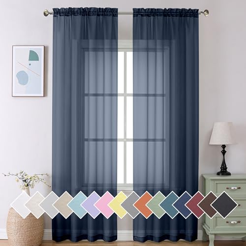 "Aiyufeng Navy Blue Sheer Curtains 108 inches Long, Rod Pocket Airy Soft Touch Sheer Curtains for Living Room/Bedroom, Set of 2, 40"" x 108"" Each"